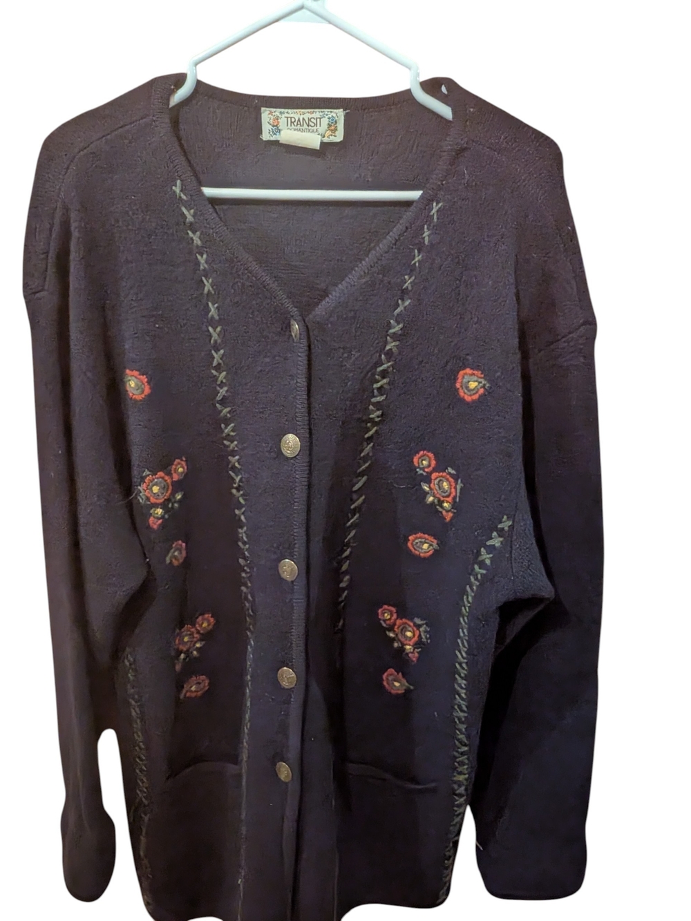 Navy Embroidered Button-Front Women’s Sweater